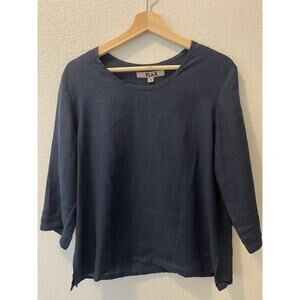 FLAX 100% Linen Navy Blue Textured Oversized Tunic Top Shirt Small Lagenlook